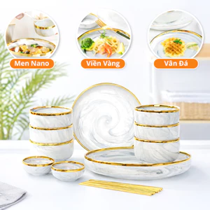 Bộ Chén Đĩa Sứ Vân Đá Viền Vàng 16 Món Cho 6 Người – Set Bát Đĩa Cao Cấp Sang Trọng – Dùng Gia Đình, Tiệc, Tân Gia