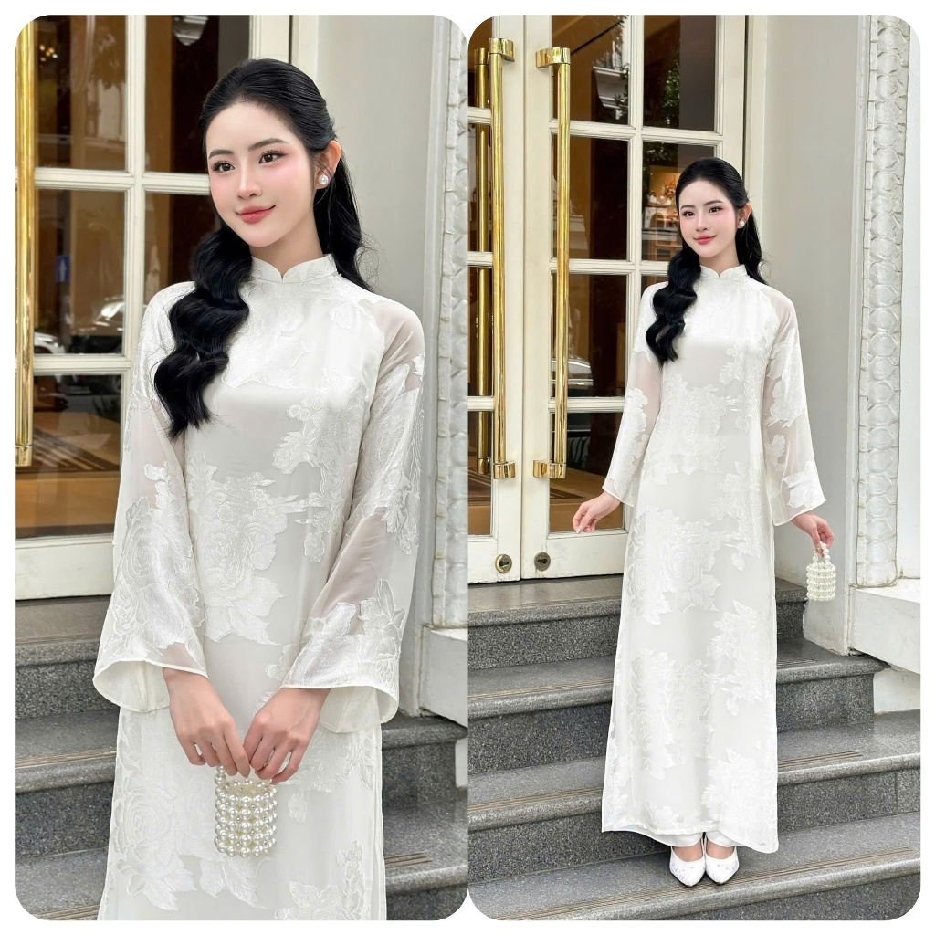 Áo Dài Gấm Hoa Hồng Trắng Sang Chảnh Set Áo Dài Nữ Truyền Thống Cao Cấp Phù Hợp Cho Mọi Hoạt ĐộngT1555G
