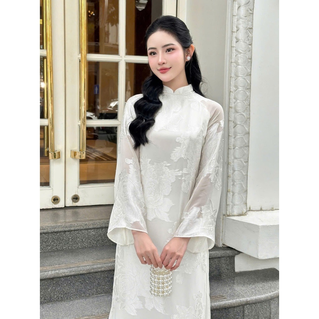 Áo Dài Gấm Hoa Hồng Trắng Sang Chảnh Set Áo Dài Nữ Truyền Thống Cao Cấp Phù Hợp Cho Mọi Hoạt ĐộngT1555G