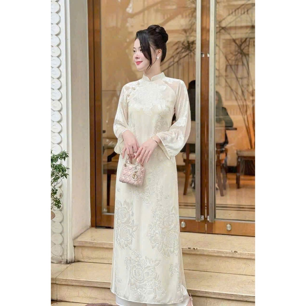 Áo Dài Gấm Hoa Hồng Trắng Sang Chảnh Set Áo Dài Nữ Truyền Thống Cao Cấp Phù Hợp Cho Mọi Hoạt ĐộngT1555G