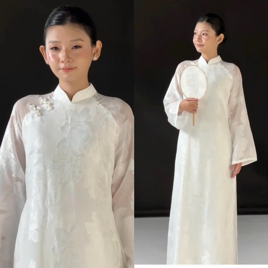 Áo Dài Trắng Kết Hoa Thủ Công Cao Cấp Áo Dài GấmHoa Chìm Tay Lỡ Phối Nơ Xinh  Sang Trọng Thiết Kế Dáng Xưa T1585G