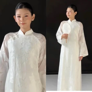 Áo Dài Trắng Kết Hoa Thủ Công Cao Cấp Áo Dài GấmHoa Chìm Tay Lỡ Phối Nơ Xinh Sang Trọng Thiết Kế Dáng Xưa T1585G