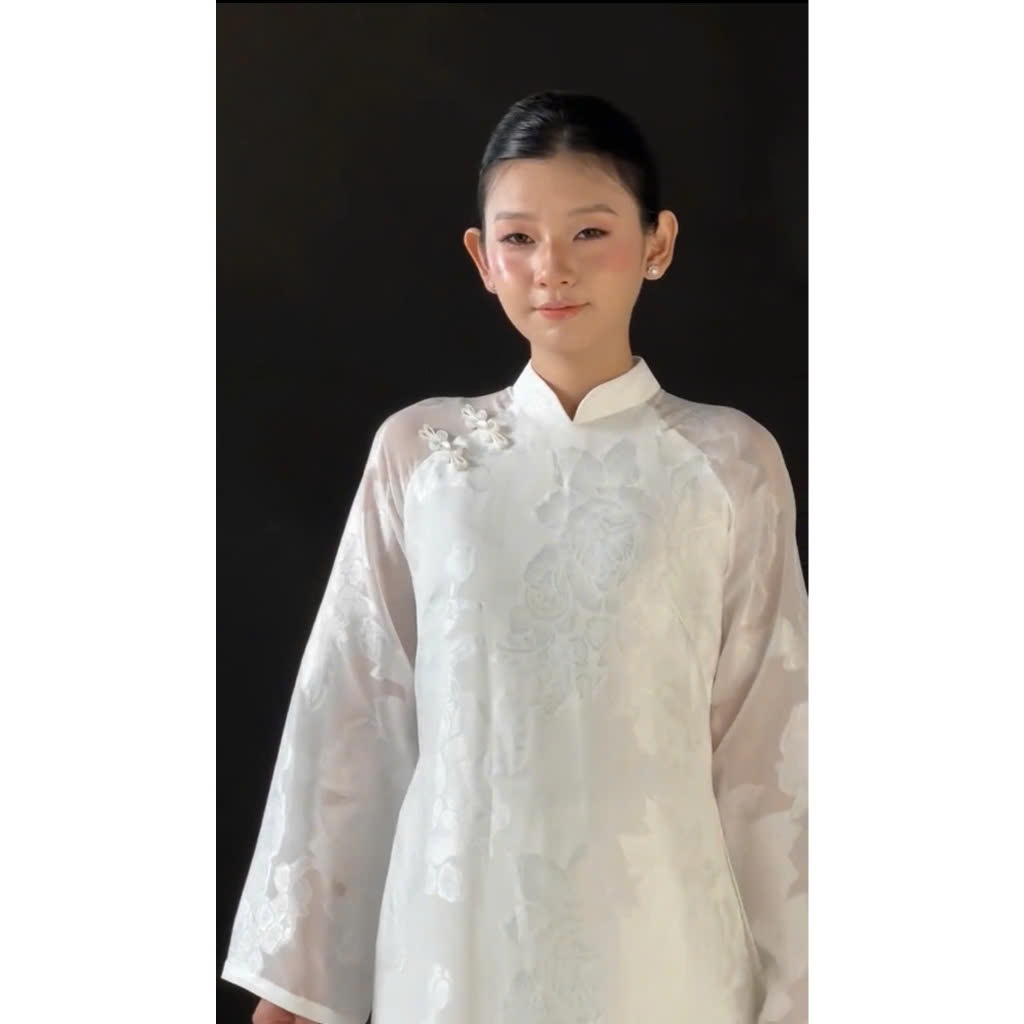 Áo Dài Trắng Kết Hoa Thủ Công Cao Cấp Áo Dài GấmHoa Chìm Tay Lỡ Phối Nơ Xinh  Sang Trọng Thiết Kế Dáng Xưa T1585G