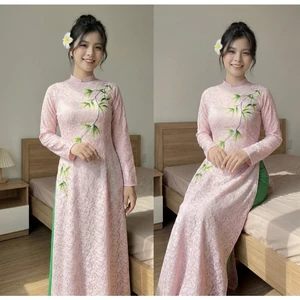 Áo Dài Nữ Cách Tân Màu Hồng Phối Ren Cao Cấp Thiết Kế Họa Tiết Trúc Thanh Lịch Đi Lễ, Chụp Ảnh XuânT1542G