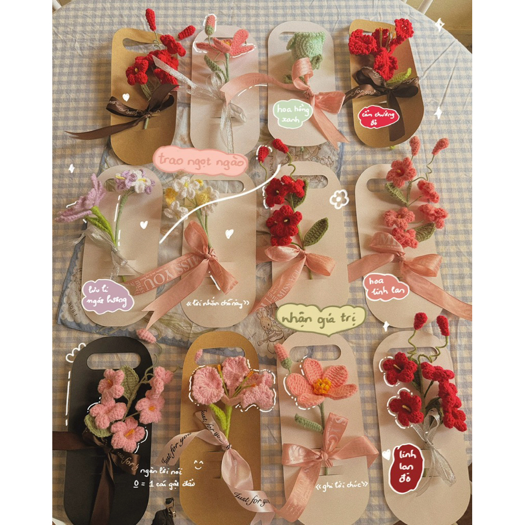 [NT GHI LỜI CHÚC] Bìa Cành Hoa Bằng Len Hoa Hồng Tulip Linh Lan Handmade Tặng Bạn Gái Phụ Nữ Việt Nam Dễ Thương Thủ Công