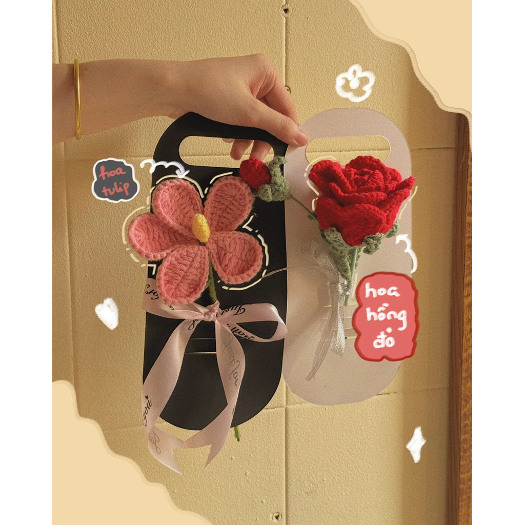[NT GHI LỜI CHÚC] Bìa Cành Hoa Bằng Len Hoa Hồng Tulip Linh Lan Handmade Tặng Bạn Gái Phụ Nữ Việt Nam Dễ Thương Thủ Công