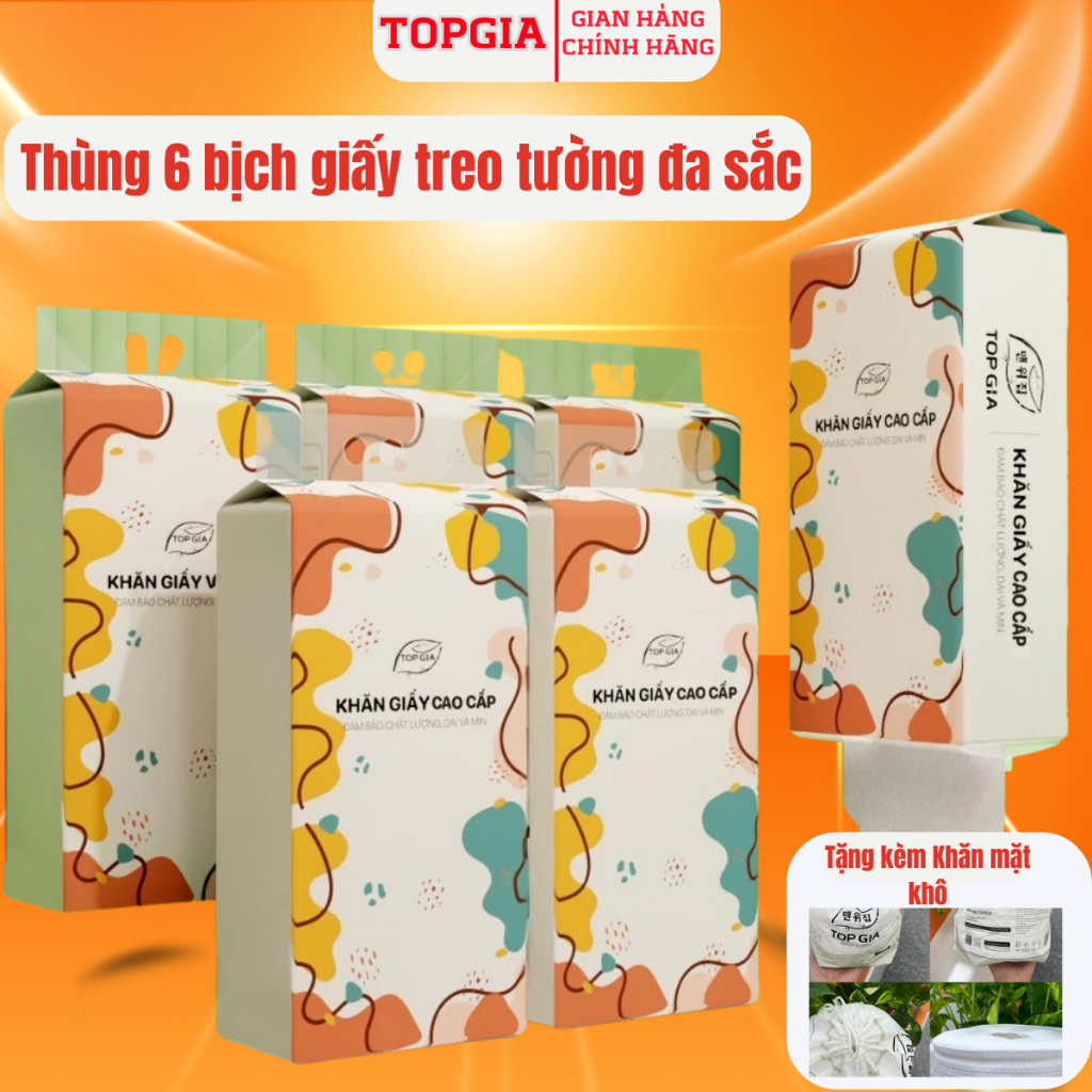 Khăn giấy rút Top Gia Thùng 6 bịch treo tường đa sắc 1280 tờ, dập vân 4D, siêu dai và mềm mịn