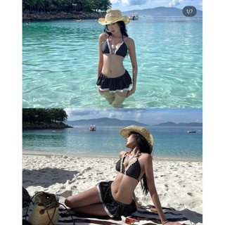Bikini Set Đi Biển Phối Ren Chấm Bi Chân Váy Dễ Thương Mùa Hè