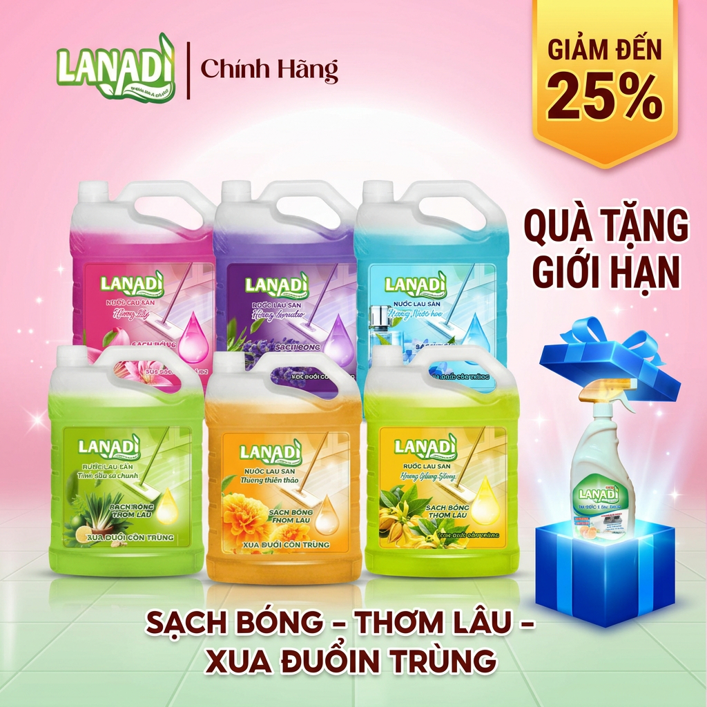 Nước lau sàn Lanadi xua đuổi muỗi côn trùng sạch bóng thơm lâu can 3,8 Lít