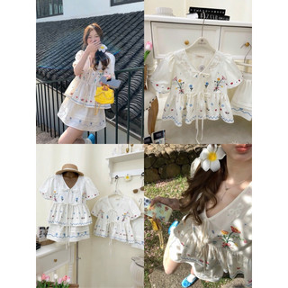 SEP House - Set thô thêu hoạ tiết mùa hè dáng babydoll cổ V cột nơ phối chân váy lưng chun ngắn xoè màu kem- Hàng loại 1