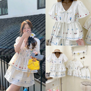 SEP House - Set thô thêu hoạ tiết mùa hè dáng babydoll cổ V cột nơ phối chân váy lưng chun ngắn xoè màu kem- Hàng loại 1