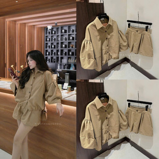 Set áo kiểu nữ cổ đức tay bồng to mix quần short năng động