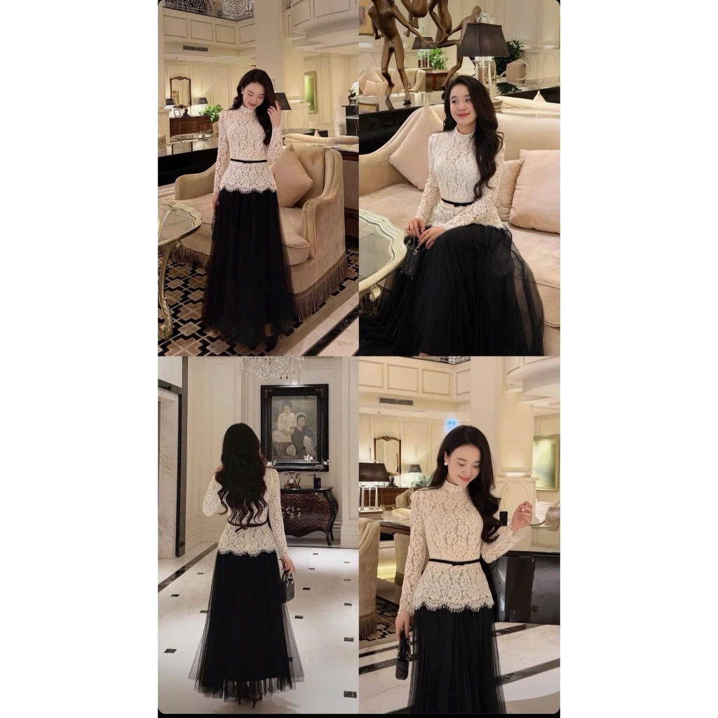 ZIMM STORE-Áo ren trắng phối ren mi cao cấp kết hợp chân váy lưới đen xinh