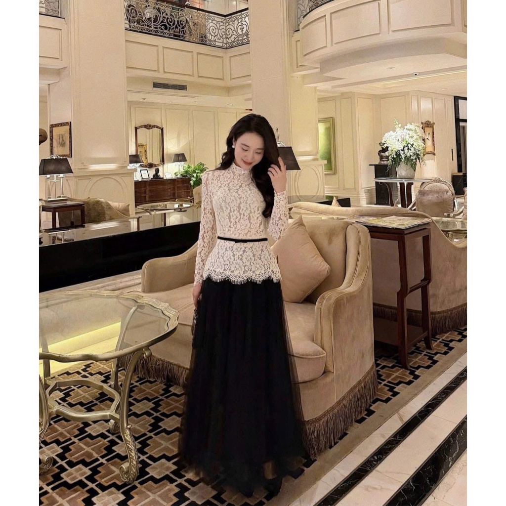 ZIMM STORE-Áo ren trắng phối ren mi cao cấp kết hợp chân váy lưới đen xinh