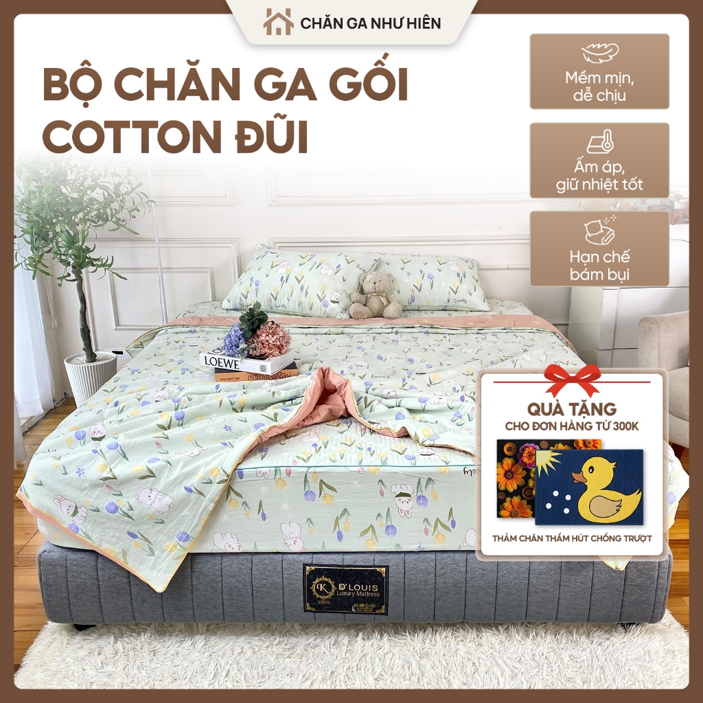 Bộ Chăn Ga Gối Mùa Hè Cotton Đũi Cao Cấp 4 Món (Chăn + Ga + 2 Vỏ Gối) Mềm Mịn Thoáng Mát Phong Cách Hàn
