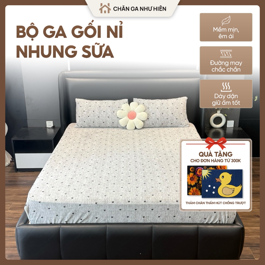 Bộ Ga Gối Nỉ Nhung Sữa – Mềm mịn êm ái – Giữ ấm tốt dùng mùa đông - Hàng Nhập Khẩu