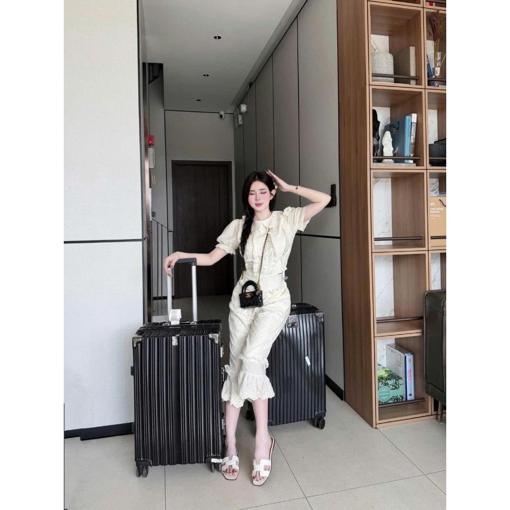 NH CLOTHER -Áo kiểu ngắn tay bồng phối quần lửng bèo gấu chất ren độc lạ