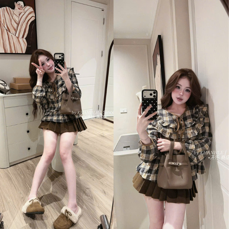 NH CLOTHER -Set đồ thu đông áo sơ mi dài tay cổ bèo tầng phong cách tiểu thư