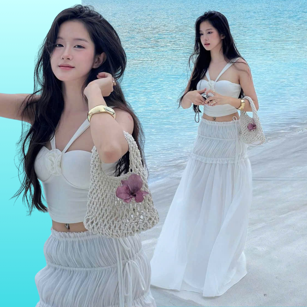 Set Đi Biển Áo Cổ Yếm Croptop Đính Hoa Kèm Chân Váy Voan Maxi Dáng Dài Màu Trắng SAN Clothings - P184