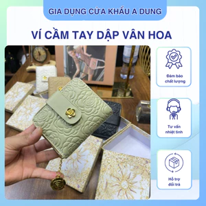 Ví nữ hai ngăn dập vân hoa sang trọng ví mini cúc vàng cao cấp full box ví nữ cầm tay phong cách Hàn Quốc