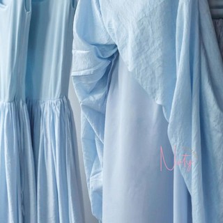 Đầm Nữ Xòe Dài Cổ Vuông Chiết Eo Bo Chun Màu Xanh Pastel