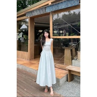 Đầm Nữ Xòe Dài Cổ Vuông Chiết Eo Bo Chun Màu Xanh Pastel