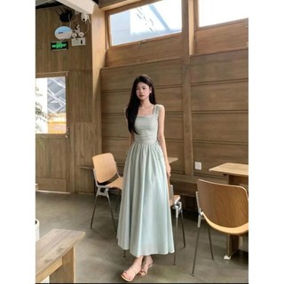 Đầm Nữ Xòe Dài Cổ Vuông Chiết Eo Bo Chun Màu Xanh Pastel