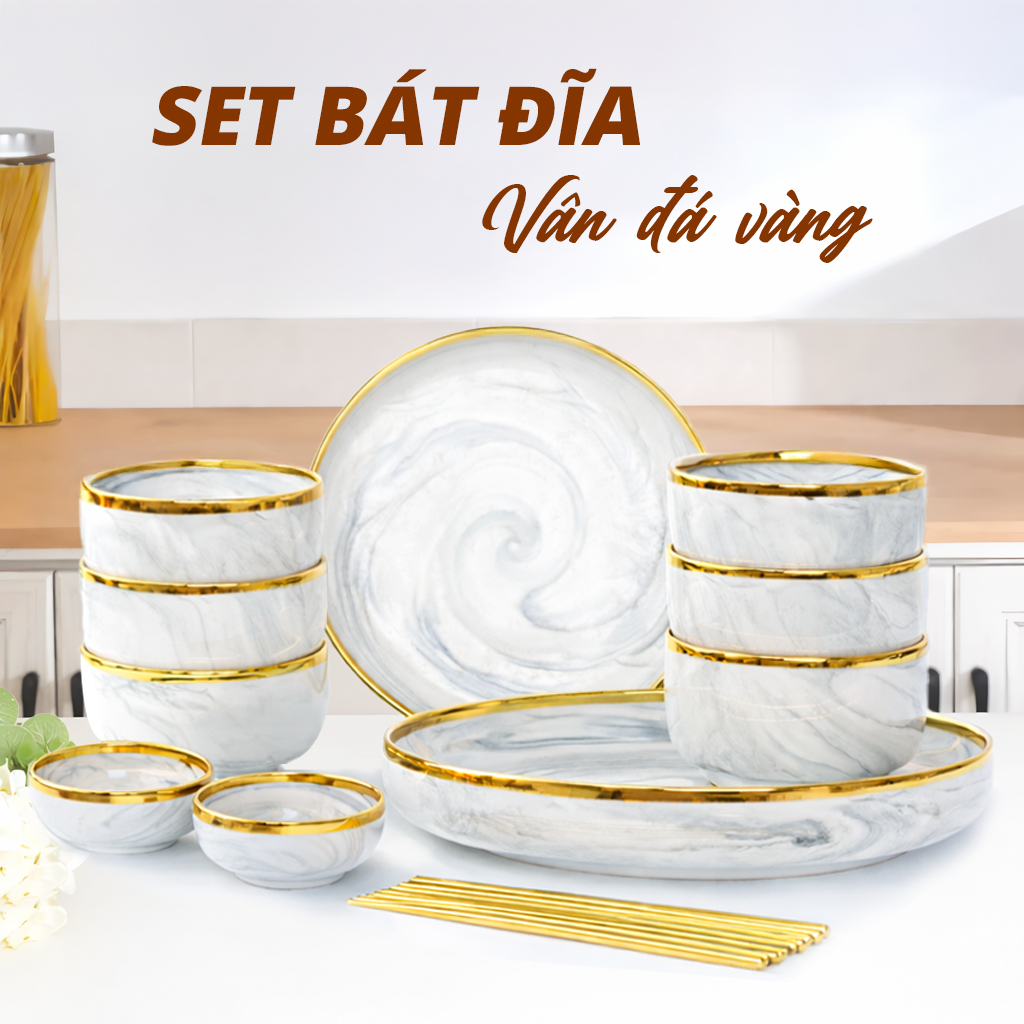 [FULL PHỤ KIỆN] Bộ Chén Đĩa Sứ 16 Món Viền Vàng Cao Cấp Cho 6 Người Ăn Dùng Gia Đình, Tiệc, Tặng Quà – An Toàn Vi Sóng