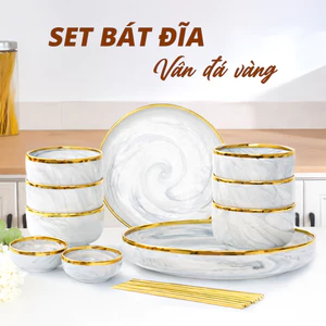 Set Chén Đĩa 16 Món Sứ Cao Cấp Vân Đá Viền Vàng – Bộ Bát Đĩa 6 Người Sang Trọng – Đĩa 21cm, Chén, Đũa Full Set