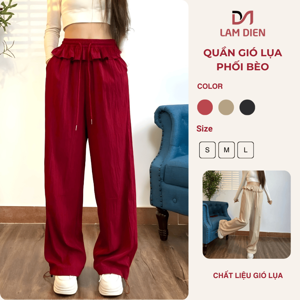 Quần Gió Nữ Ống Rộng Phối Bèo Lưng Chun Thời Trang, Quần Lụa Nữ Form Suông Mặc Đi Chơi Ở Nhà Cực Mát