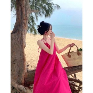 Đầm Maxi Hồng Dáng Dài 2 Dây Vintager Trơn