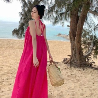 Đầm Maxi Hồng Dáng Dài 2 Dây Vintager Trơn