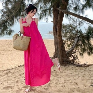 Đầm Maxi Hồng Dáng Dài 2 Dây Vintager Trơn