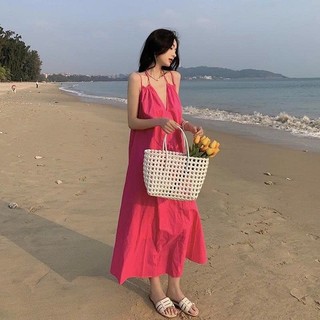Đầm Maxi Hồng Dáng Dài 2 Dây Vintager Trơn