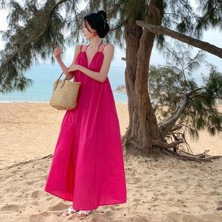 Đầm Maxi Hồng Dáng Dài 2 Dây Vintager Trơn