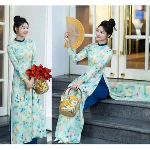Set Áo Dài Nữ Cách Tân Họa Tiết Thiên Nhiên Thanh Lịch Áo Dài Thiết Kế Dáng Suông Tôn Dáng T1532G