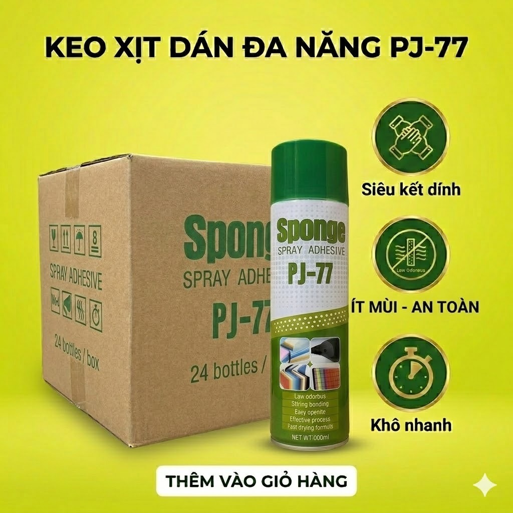 Thùng keo xịt PJ77 chính hãng 24 chai | Dán được mút, vải, mica – Không để lại bệt