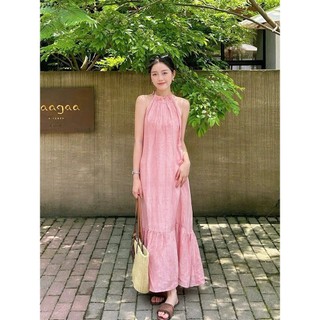 Đầm Maxi Suông Dáng Dài Cổ Yếm Màu Hồng Pastel