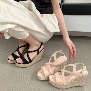 (FORM CHUẨN) Giày Sandal Đế Xuồng Cao Gót Da Lộn Thời Trang AG02