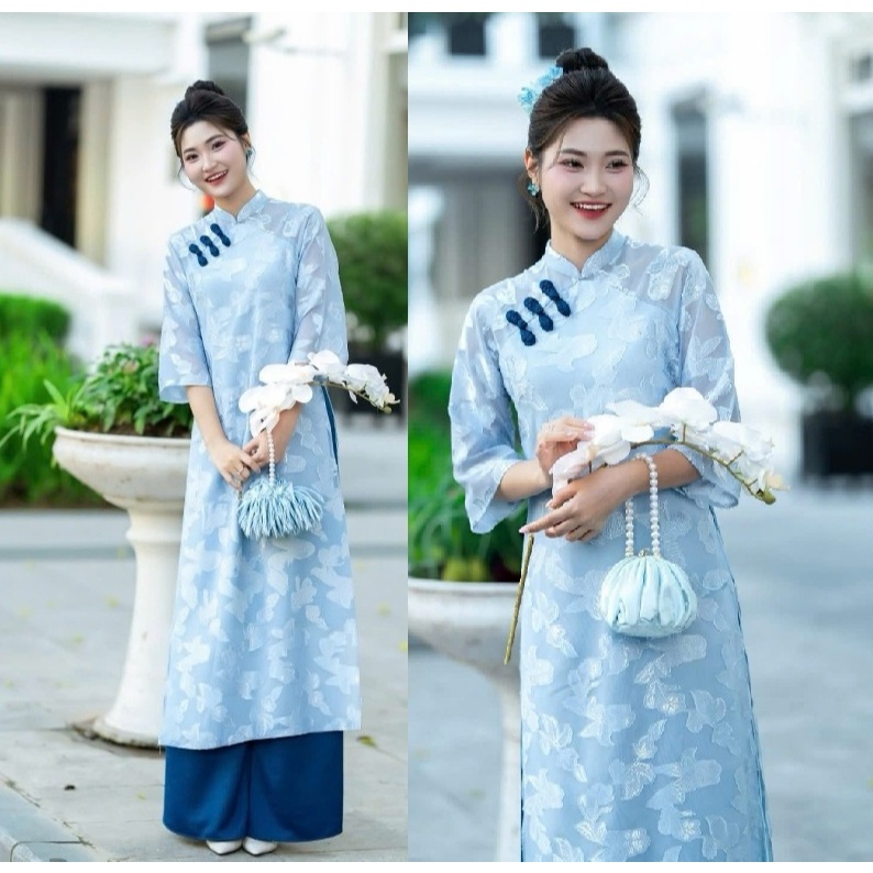 Áo Dài 4 Tà Cao Cấp Nữ Thiết Kế Tay Lỡ Cổ Cao Đính Cúc Thủ CôngSet Áo Dài Cách Tân Bồng Bềnh Sang Chảnh T1486G