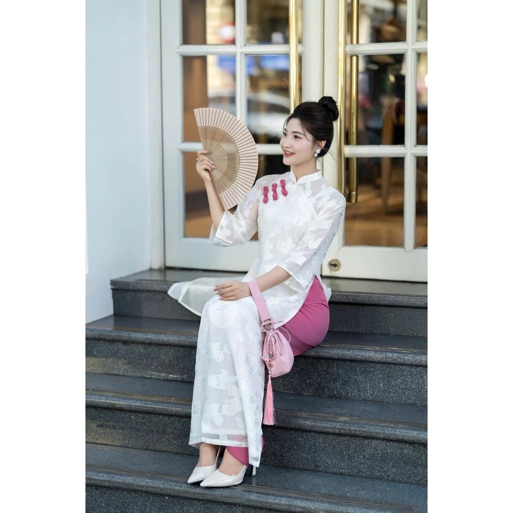 Áo Dài 4 Tà Cao Cấp Nữ Thiết Kế Tay Lỡ Cổ Cao Đính Cúc Thủ CôngSet Áo Dài Cách Tân Bồng Bềnh Sang Chảnh T1486G
