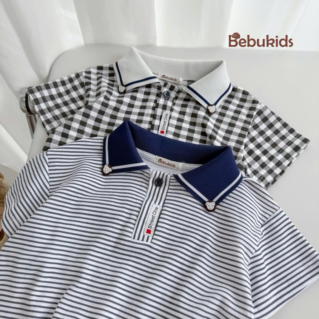 Set polo cộc tay họa tiết kẻ phối tag Bebukids chất liệu cotton thông thoáng cho bé trai 8-21kg