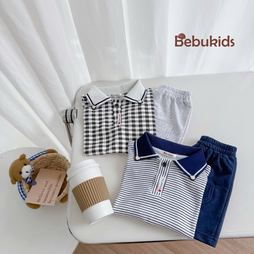Set polo cộc tay họa tiết kẻ phối tag Bebukids chất liệu cotton thông thoáng cho bé trai 8-21kg