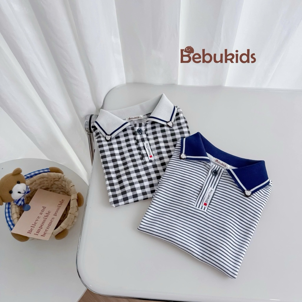 Set polo cộc tay họa tiết kẻ phối tag Bebukids chất liệu cotton thông thoáng cho bé trai 8-21kg