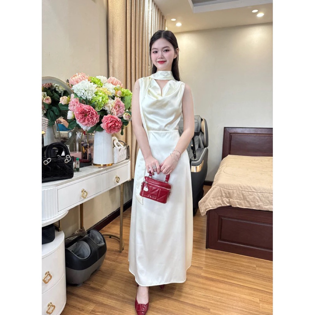 Đầm Lụa Đỏ 2 Dây Dài, Chất Satin Bóng Mịn, Tôn Dáng Quyến Rũ-PUSU HOUSE