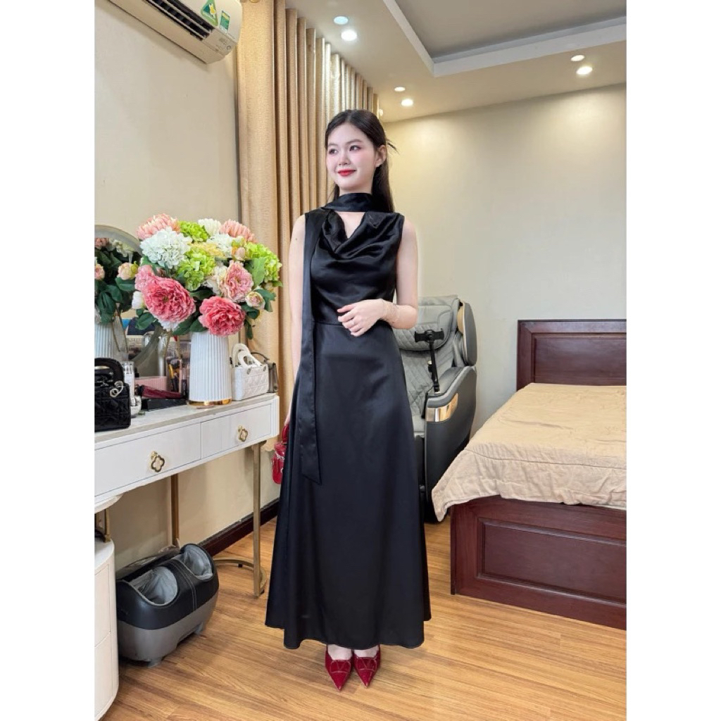 Đầm Lụa Đỏ 2 Dây Dài, Chất Satin Bóng Mịn, Tôn Dáng Quyến Rũ-PUSU HOUSE
