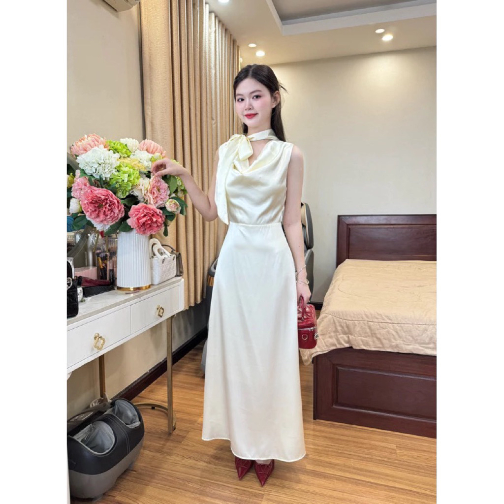 Đầm Lụa Đỏ 2 Dây Dài, Chất Satin Bóng Mịn, Tôn Dáng Quyến Rũ-PUSU HOUSE