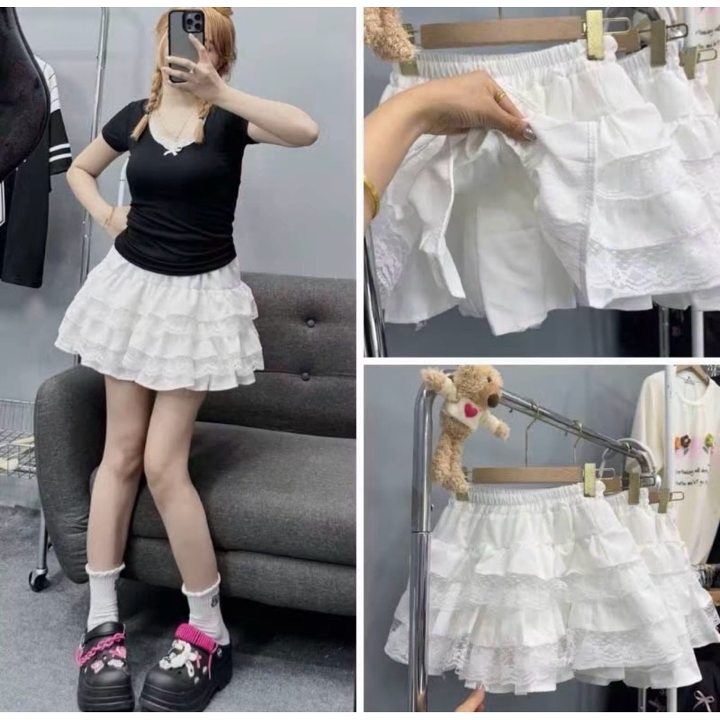 Chân Váy Xếp Ly 2 tầng viền ren chất thô mềm có quần trong , dây rút bụng dễ thương