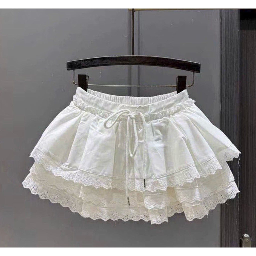 Chân Váy Xếp Ly 2 tầng viền ren chất thô mềm có quần trong , dây rút bụng dễ thương