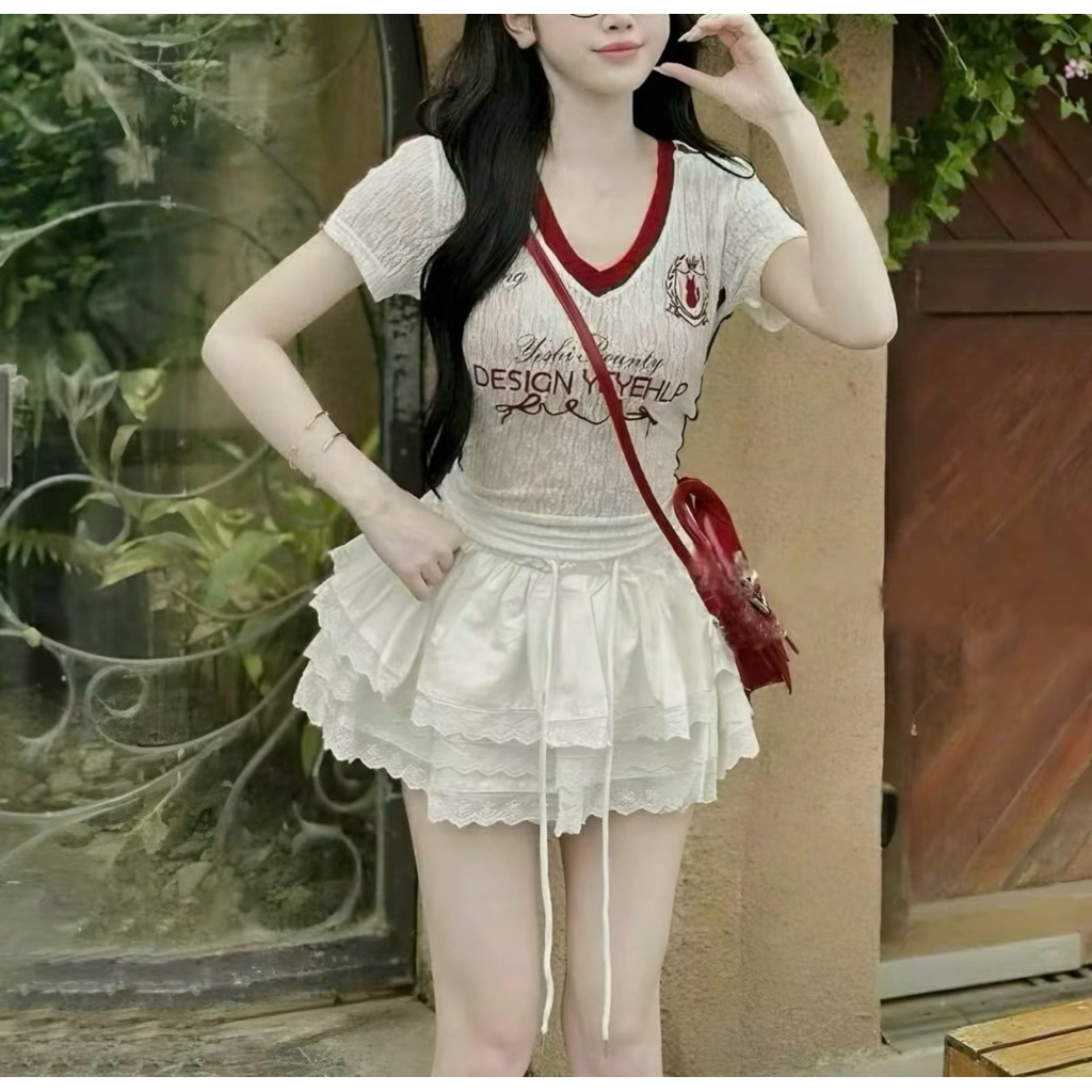 Chân Váy Xếp Ly 2 tầng viền ren chất thô mềm có quần trong , dây rút bụng dễ thương
